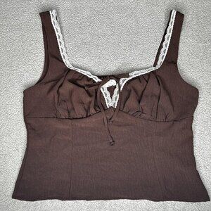 Sienna Sky Tank Top Womens L Brown Babydoll Coquette Milkmaid Lace Trim Grunge